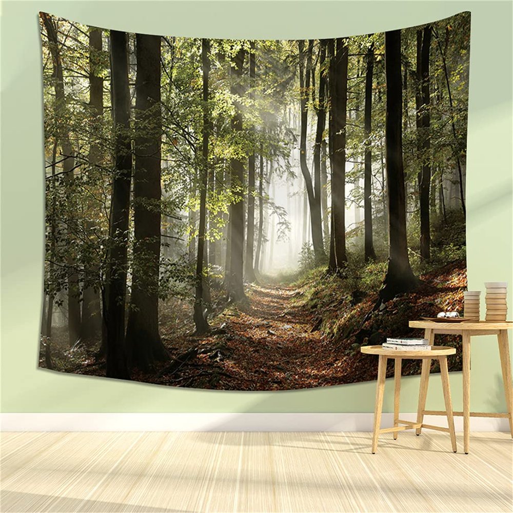 3D Printing Green Jungle Plants Forest Tapestry, Modern Autumnal Woodland Pathway Mountains Mist in The Distance, Wide Wall Hanging for Bedroom Living Room Dorm (Thick Flannel 59" X 51")