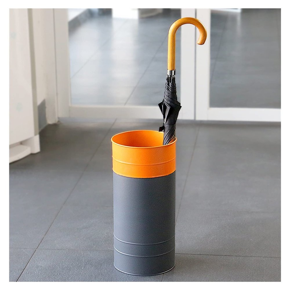 Umbrella Racks Round Iron Umbrella Stand Holder, Space-Saving Floor-Standing Umbrella Storage Basket, Gray and Orange Storage Bucket