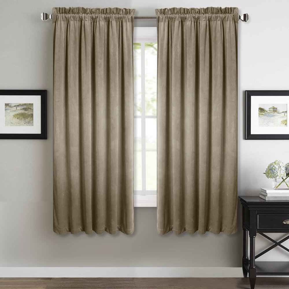 StangH Velvet Curtains 63 inch Length - Luxury Short Kitchen Curtains Room Darkening Heat Blocking Window Curtain Panels for Short Window/French Door, Camel Beige, W52 x L63, 2 Panels
