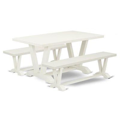 East West Furniture V2-026 3 Piece Dining Set Contains a Rectangle Dining Room Table with V-Legs and 2 Kitchen Table Bench, 36x60 Inch, Multi-Color