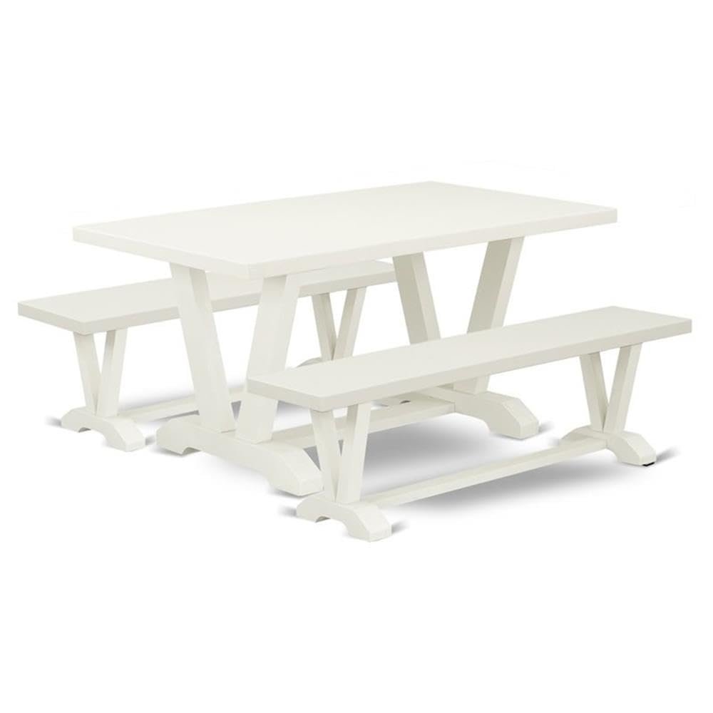 East West Furniture V2-026 3 Piece Dining Set Contains a Rectangle Dining Room Table with V-Legs and 2 Kitchen Table Bench, 36x60 Inch, Multi-Color