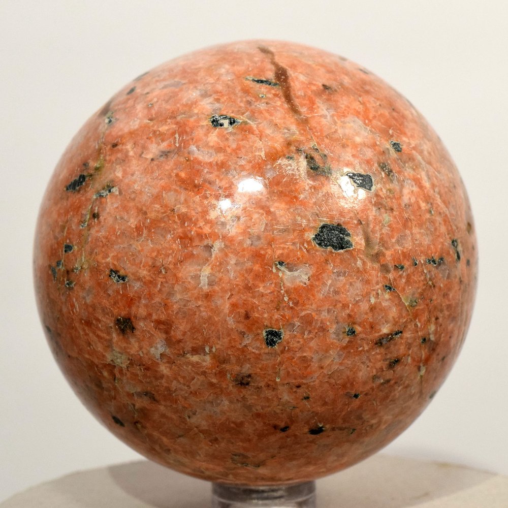 68mm Orange Orthoclase w/Black Tourmaline Sphere Natural Feldspar Mineral Ball Polished Crystal Stone - Madagascar + Stand