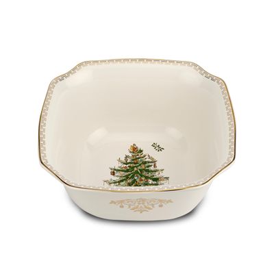 Spode Christmas Tree Gold 10" Square Bowl, 100 fl oz - Decorative Holiday Serveware with 22K Gold Accents, Elegant Stoneware for Christmas Table, Serving Salads & Vegetables - Dishwasher Safe
