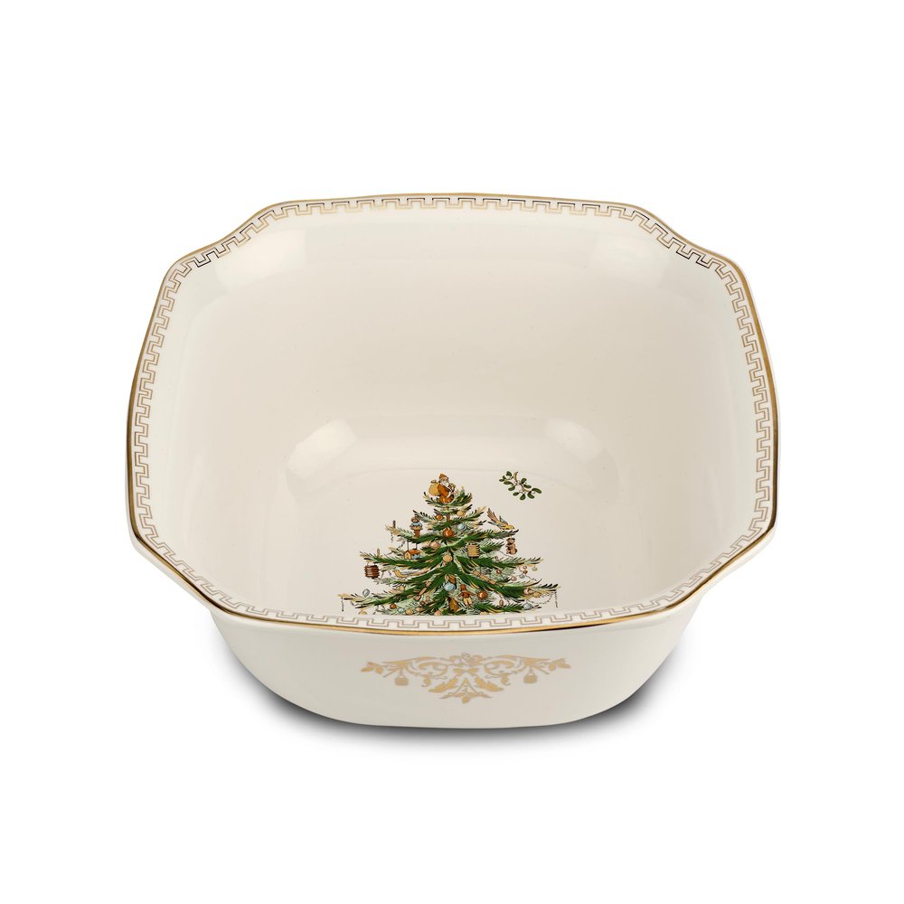 Spode Christmas Tree Gold 10" Square Bowl, 100 fl oz - Decorative Holiday Serveware with 22K Gold Accents, Elegant Stoneware for Christmas Table, Serving Salads & Vegetables - Dishwasher Safe