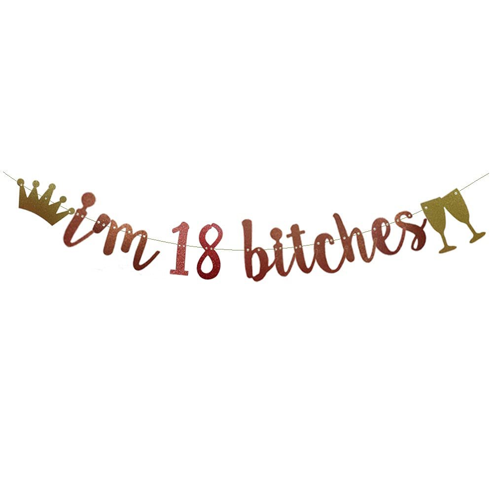 I'm 18 Bitches Banner Rose Gold Glitter Paper Funny Party Decorations for 18th Birthday Party Supplies Happy 18TH Birthday Cheers to 18 Years Old Letters Rose Gold Betteryanzi
