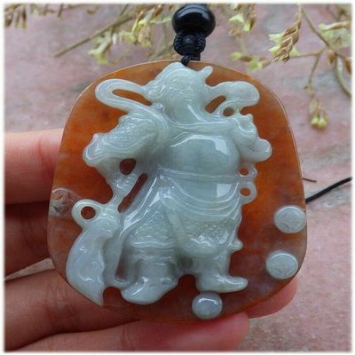 gojade Certified Red Green 100% Natural A Jade jadeite pendant Guan Gong God Sword Money Coin Necklace  505144 KS