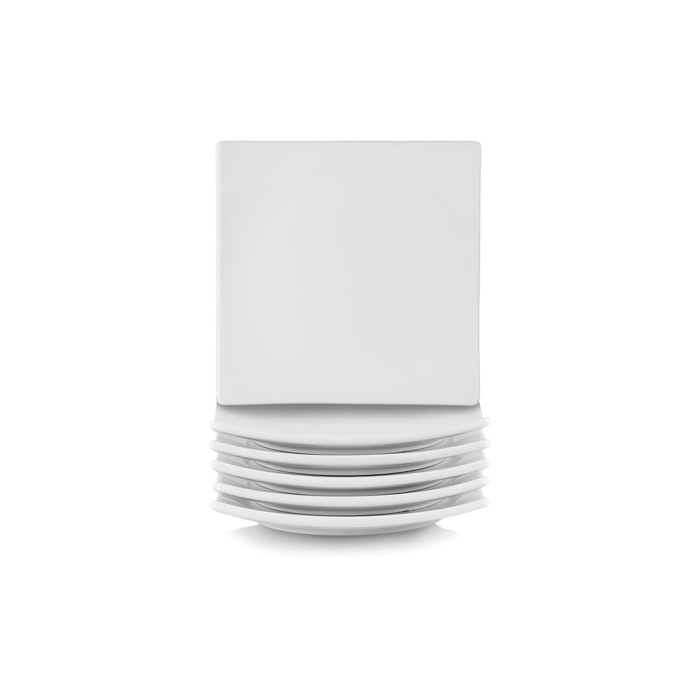 10 Strawberry Street Simply White Ceramic 6 Inch Square Coupe Appetizer Plates, Set of 6 - Modern Serving, Tapas and Snack Plates for Everyday Use, Microwave, Dishwasher and Oven Safe