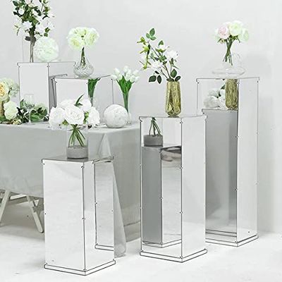 40" Silver Mirror Finish Acrylic Pedestal Risers Display Boxes Floor Vase Cake Riser