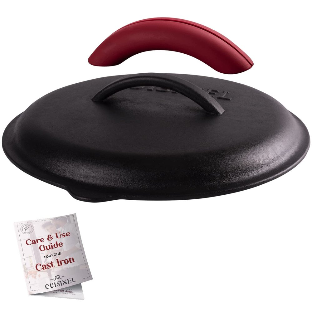 Cuisinel Cast Iron Lid - Fits 12"-Inch / 30.48-cm Lodge Skillet Frying Pans or Braiser + Silicone Handle Holder + Care Guide - Pre-Seasoned Replacement Cover - Indoor/Outdoor, Oven, Fire, BBQ Safe