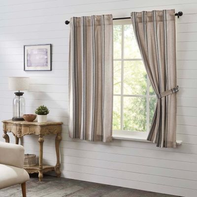 VHC Brands Grain Sack Charcoal Black Stripe Vintage Farmhouse Short Panel Curtain Set 63"x36"
