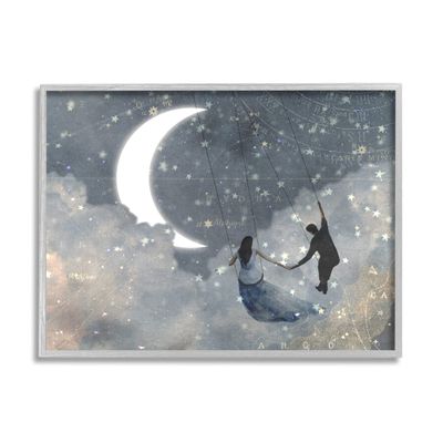 Stupell Industries Grey and Blue Celestial Love Sky Swinging by The Crescent Moon and Stars