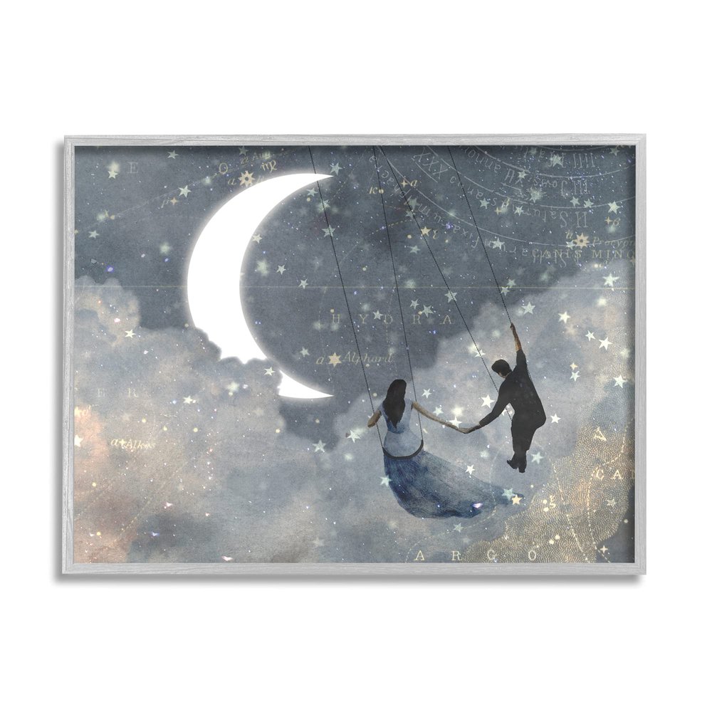 Stupell Industries Grey and Blue Celestial Love Sky Swinging by The Crescent Moon and Stars