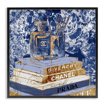 Stupell Industries Fashion Book Pile Glam Designer Accessories Blue Gold, Design By Ziwei Li, Black Framed Wall Art, 17 x 17