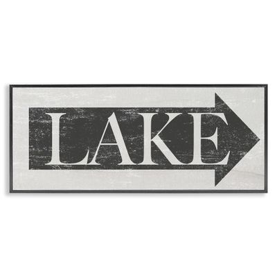 Stupell Industries Lake Arrow Sign Grey and White Distressed, Design by Daphne Polselli Black Framed Wall Art, 13 x 30