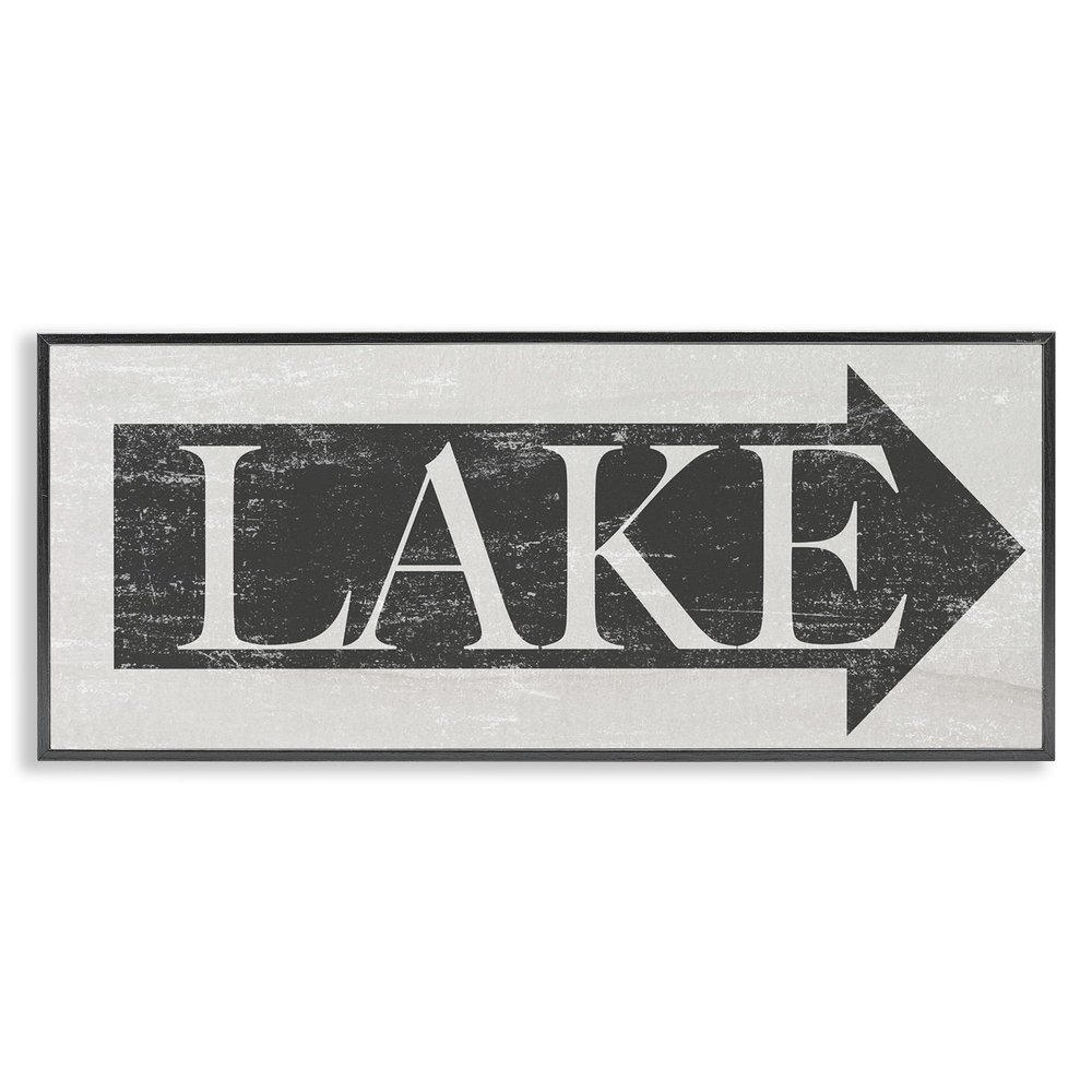 Stupell Industries Lake Arrow Sign Grey and White Distressed, Design by Daphne Polselli Black Framed Wall Art, 13 x 30