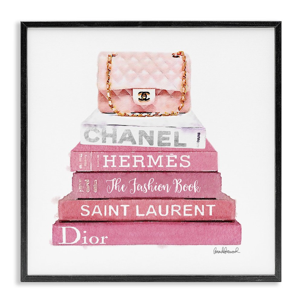 Stupell Industries Pink Book Stack Fashion Handbag, Design By Amanda Greenwood, Black Framed Wall Art, 17 x 17
