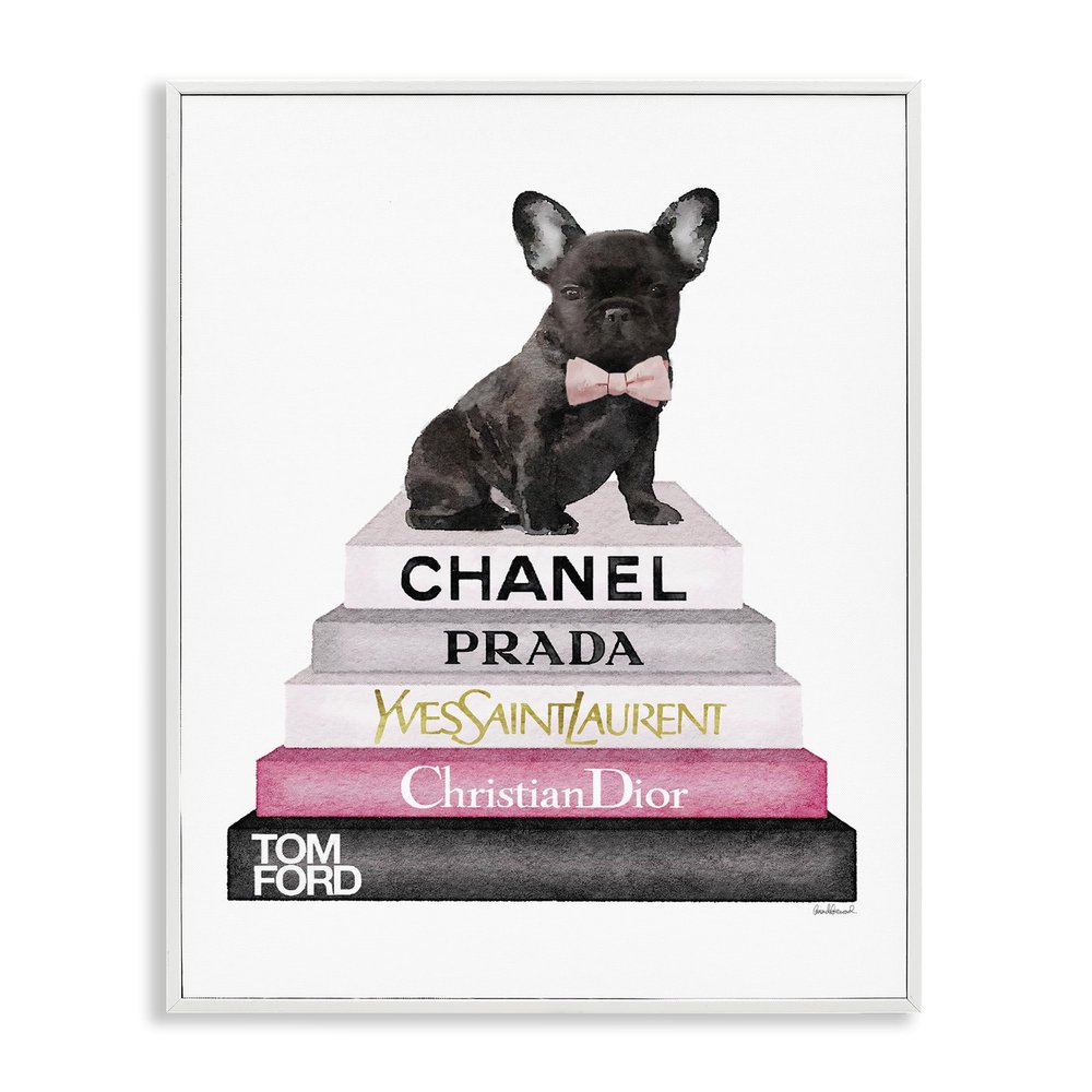 Stupell Industries 'Book Stack Fashion French Bulldog', Framed Giclee Art, White, 11 x 14 Inches, Easy to Hang and Sturdy, Made in USA, by Amanda Greenwood