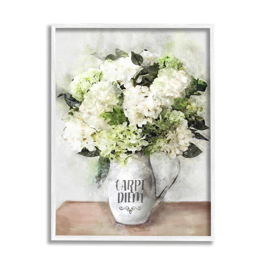 Stupell Industries Carpe Diem Motivation with White Hydrangea Bouquet