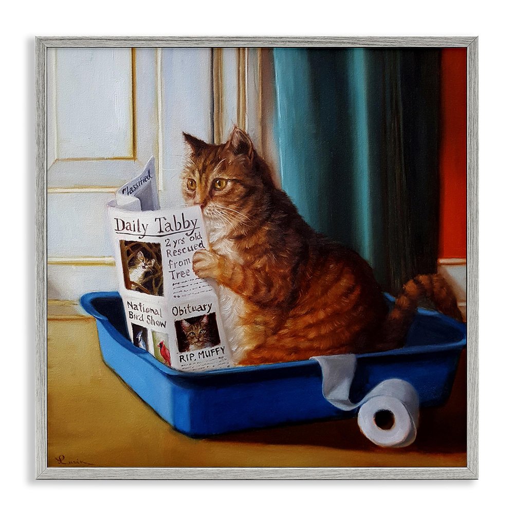 Stupell Industries Litter Box Reading Funny Cat Pet Painting, Design by Lucia Heffernan Gray Framed Wall Art, 12 x 12, Multi-Color
