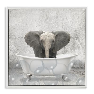 Stupell Industries Baby Elephant Bath Time Cute Animal, Design by Kimberly Allen White Framed Wall Art, 12 x 12, Grey
