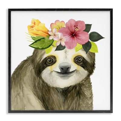 Stupell Industries Coachella Ready Sloth in Flower Crown, Design By Grace Popp, Black Framed Wall Art, 17 x 17