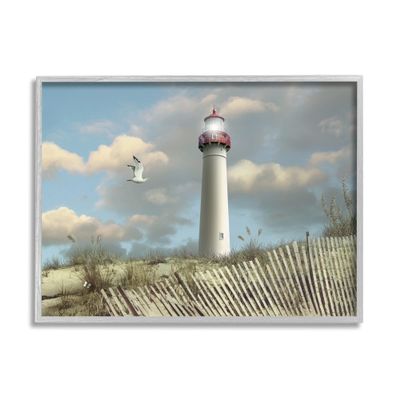 Stupell Industries Cape May Sand Dune Fence Lighthouse Beach Scene with Seagull