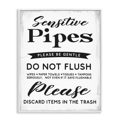 Stupell Industries 'Sensitive Pipes Sign Flushing Restrictions', Framed Giclee Art, White, 24 x 30 Inches, Easy to Hang and Sturdy, Made in USA, by Lil' Rue