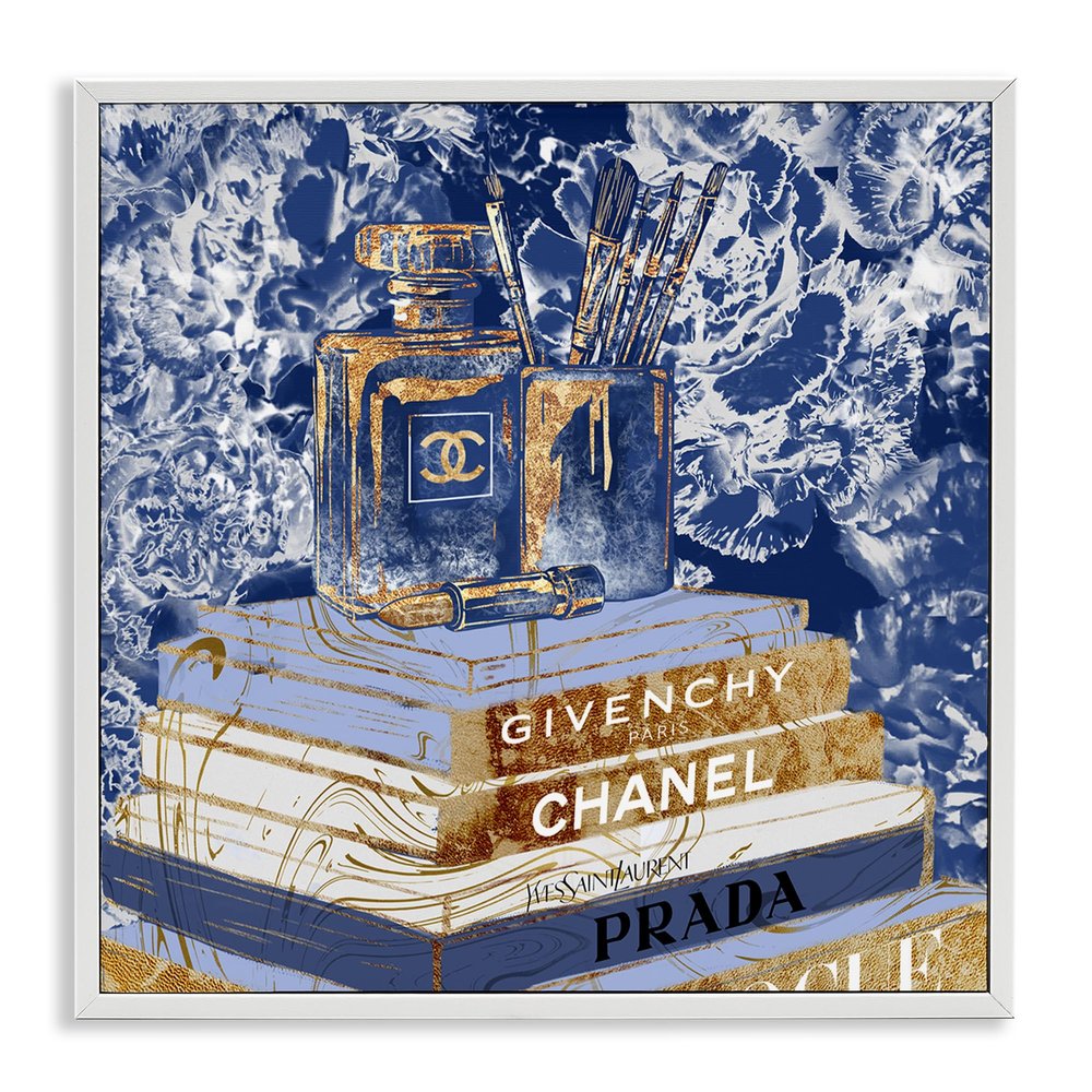 Stupell Industries Fashion Book Pile Glam Designer Accessories Blue Gold, Design by Ziwei Li White Framed Wall Art, 17 x 17