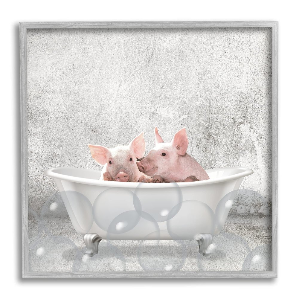 Stupell Industries Baby Piglets Bath Time Cute Animal Design Wall Art, 17 x 17, Grey Framed