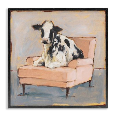 Stupell Industries Sweet Baby Calf on a Pink Couch Neutral Color Painting Wall Art, 17x17, Black Framed