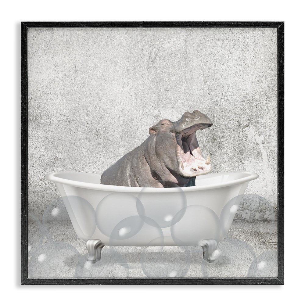 Stupell Industries Baby Hippo Bath Time Cute Animal Design Wall Art, 17 x 17, Black Framed