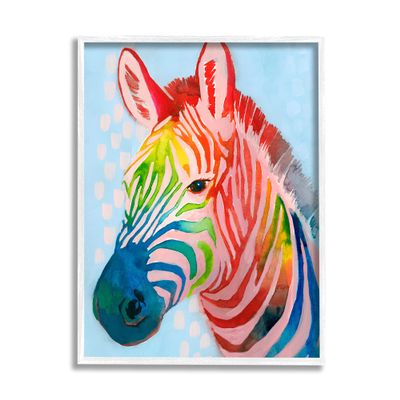 Stupell Industries Colorful Abstract Zebra Animal Rainbow Blue Drawing, Design by Grace Popp White Framed Wall Art, 16 x 20
