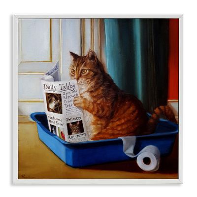Stupell Industries Litter Box Reading Funny Cat Pet Painting, Design by Lucia Heffernan White Framed Wall Art, 17 x 17, Multi-Color