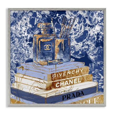 Stupell Industries Fashion Book Pile Glam Designer Accessories Blue Gold, Design by Ziwei Li Gray Framed Wall Art, 17 x 17