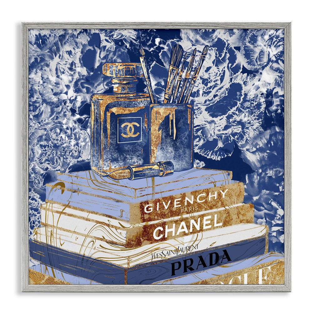 Stupell Industries Fashion Book Pile Glam Designer Accessories Blue Gold, Design by Ziwei Li Gray Framed Wall Art, 17 x 17