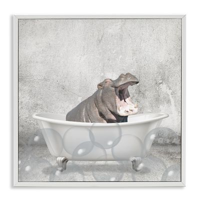 Stupell Industries Baby Hippo Bath Time Cute Animal Design Wall Art, 17 x 17, White Framed