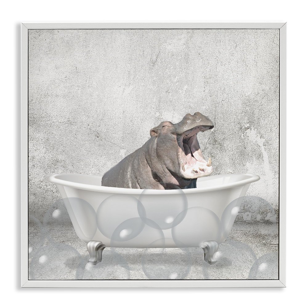 Stupell Industries Baby Hippo Bath Time Cute Animal Design Wall Art, 17 x 17, White Framed