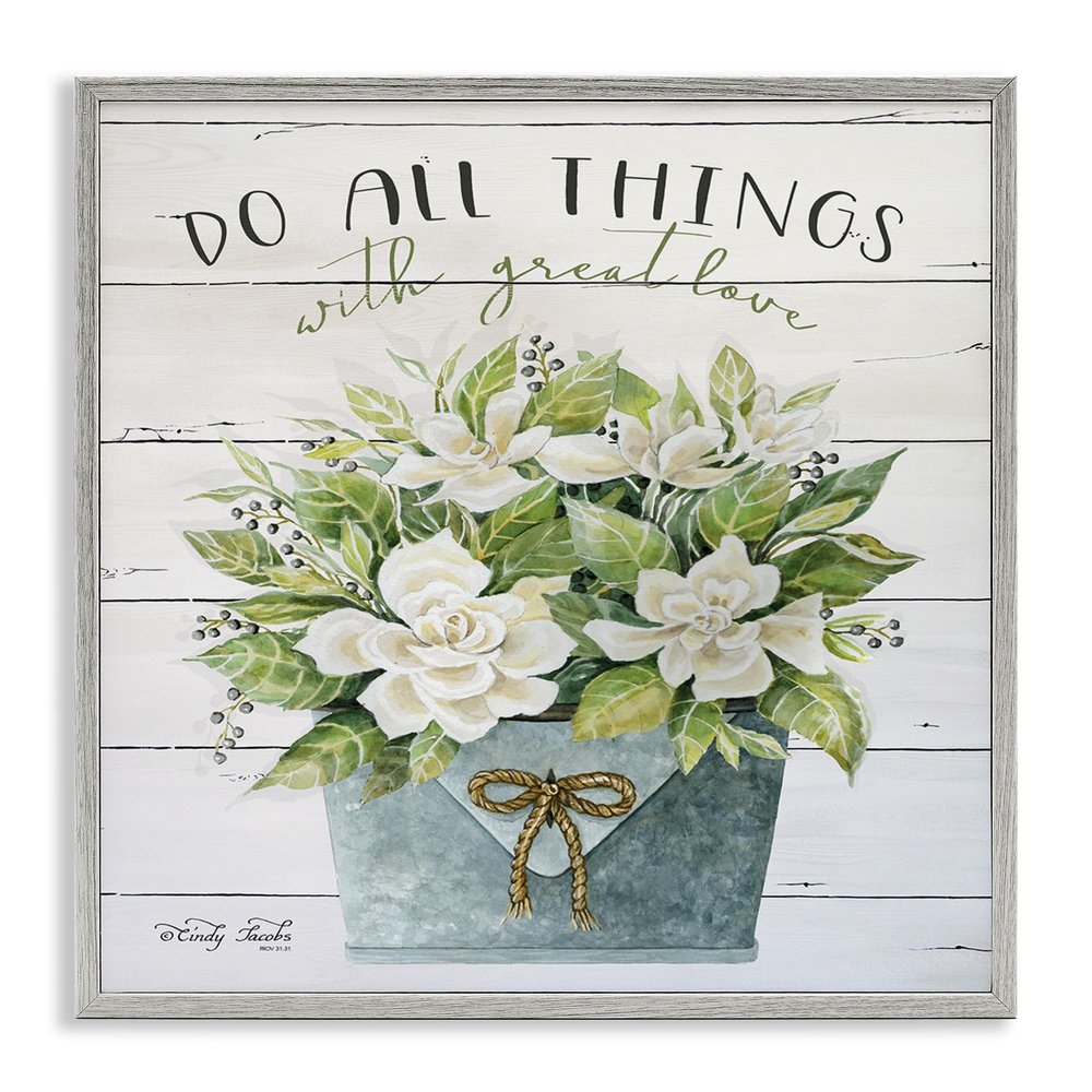 Stupell Industries Do All Things with Love Floral Magnolia Pail Planked Look Wall Art, 17 x 17, Grey Framed