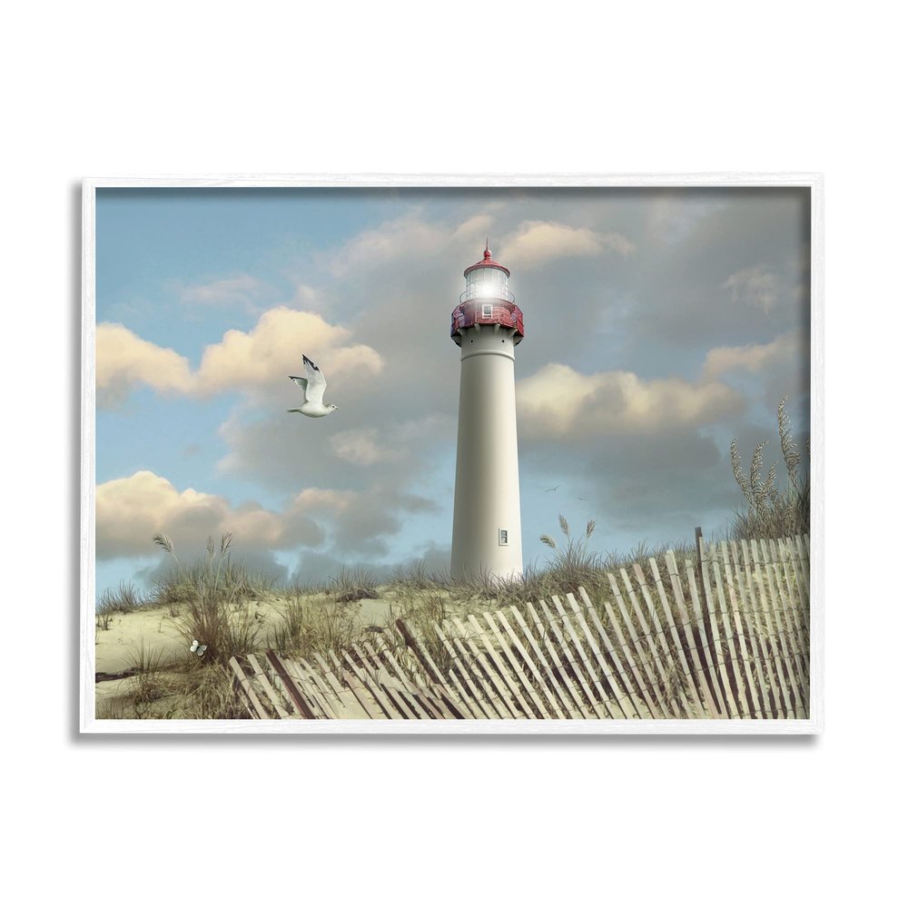 Stupell Industries Cape May Sand Dune Fence Lighthouse Beach Scene with Seagull