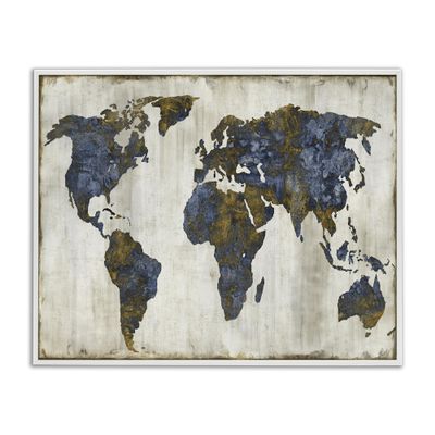 Stupell Industries 'Gold Blue World Map', Framed Giclee Art, White, 14 x 11 Inches, Easy to Hang and Sturdy, Made in USA, by Russell Brennan