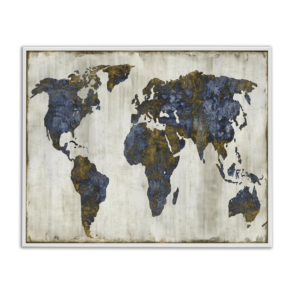 Stupell Industries 'Gold Blue World Map', Framed Giclee Art, White, 14 x 11 Inches, Easy to Hang and Sturdy, Made in USA, by Russell Brennan