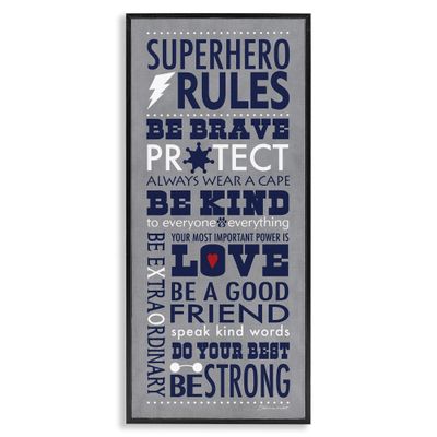 Stupell Industries Grey and Navy Superhero Rules Typography, Design by Stephanie Workman Marrott Black Framed Wall Art, 13 x 30