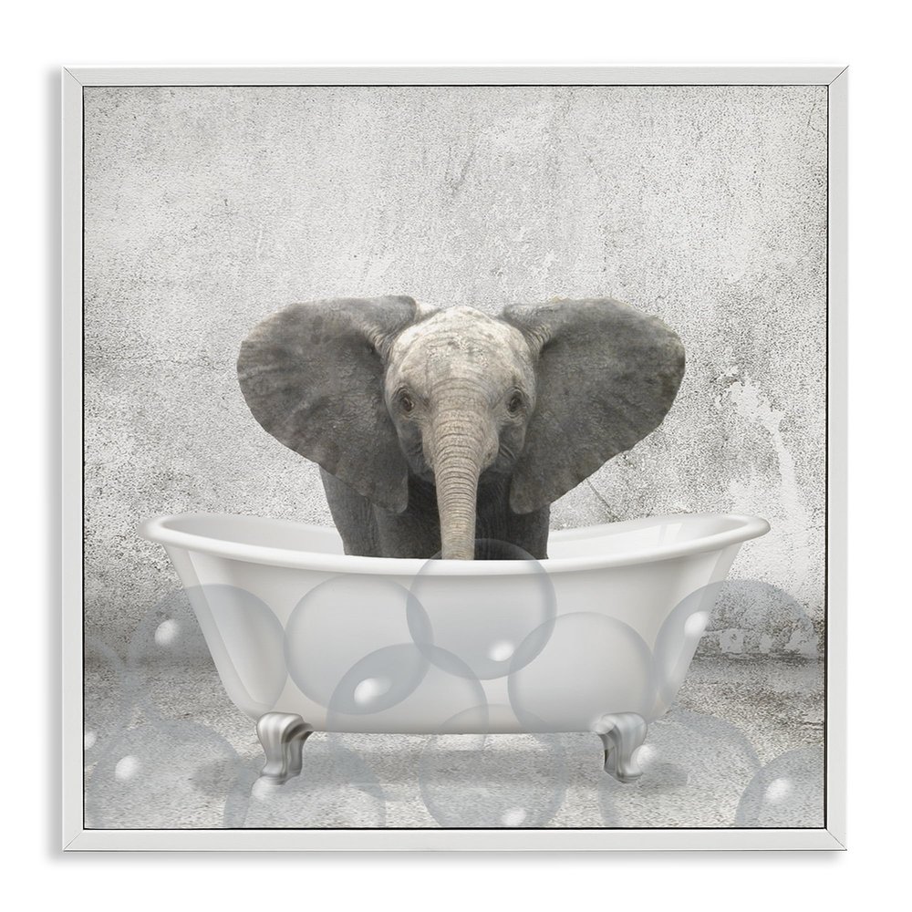 Stupell Industries Baby Elephant Bath Time Cute Animal Design Wall Art, 17 x 17, White Framed
