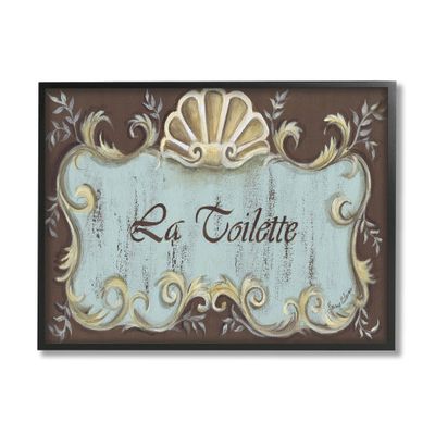 Stupell Industries La Toilette Aqua and Brown Scallop Shell Crest, Design by Bonnie Wrublesky Black Framed Wall Art, 16 x 20