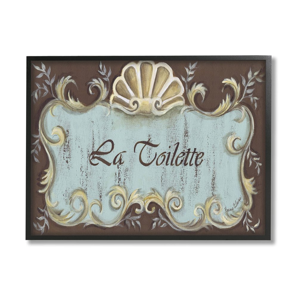 Stupell Industries La Toilette Aqua and Brown Scallop Shell Crest, Design by Bonnie Wrublesky Black Framed Wall Art, 16 x 20