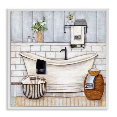 Stupell Industries Bathroom Farmhouse Style Tub Neutral Grey Drawing, Design by Yellow Caf White Framed Wall Art, 24 x 24, Blue