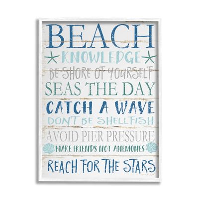 Stupell Industries Beach Knowledge Blue Aqua Planked Look Sign, Design by Jennifer Pugh White Framed Wall Art, 16 x 20