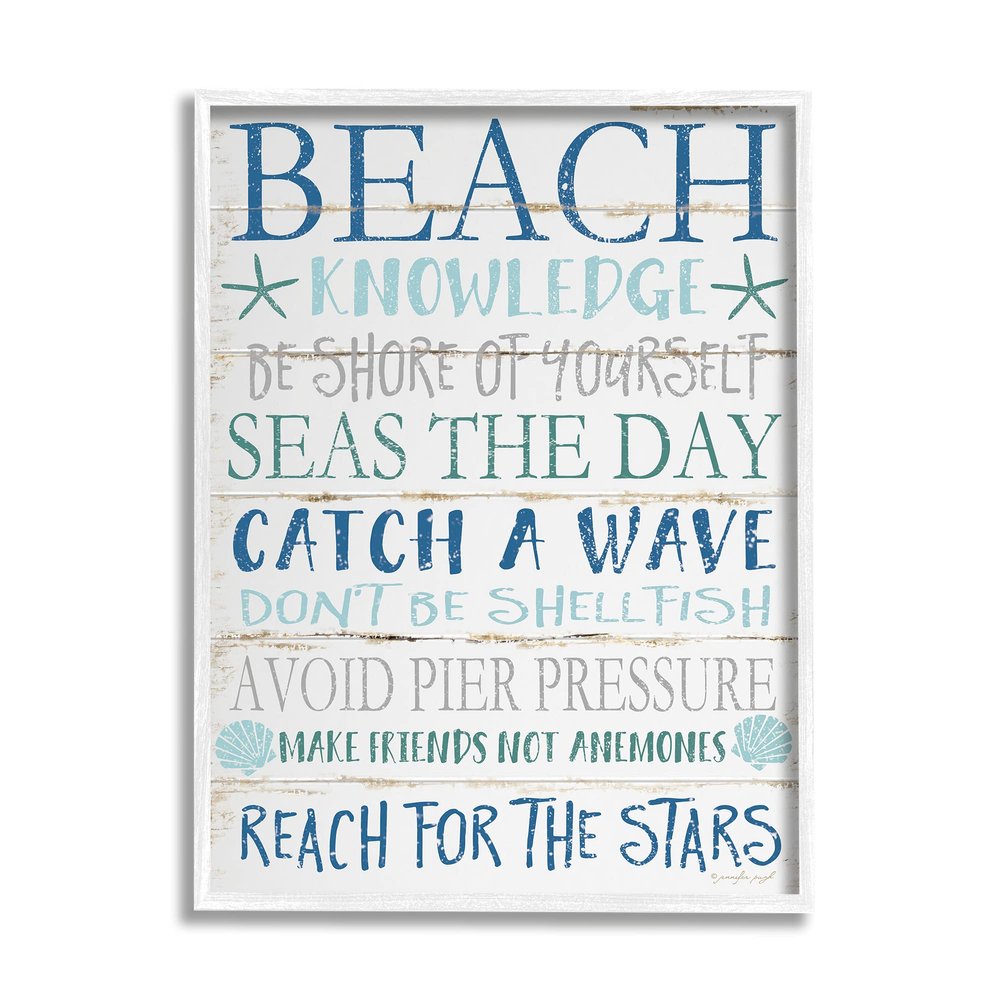 Stupell Industries Beach Knowledge Blue Aqua Planked Look Sign, Design by Jennifer Pugh White Framed Wall Art, 16 x 20