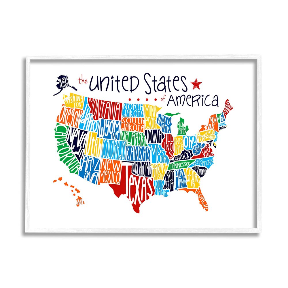 Stupell Industries Colorful USA Map with State Names Typography