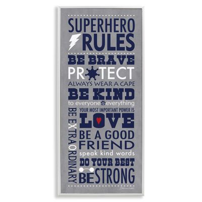 Stupell Industries Grey and Navy Superhero Rules Typography, Design by Stephanie Workman Marrott White Framed Wall Art, 13 x 30
